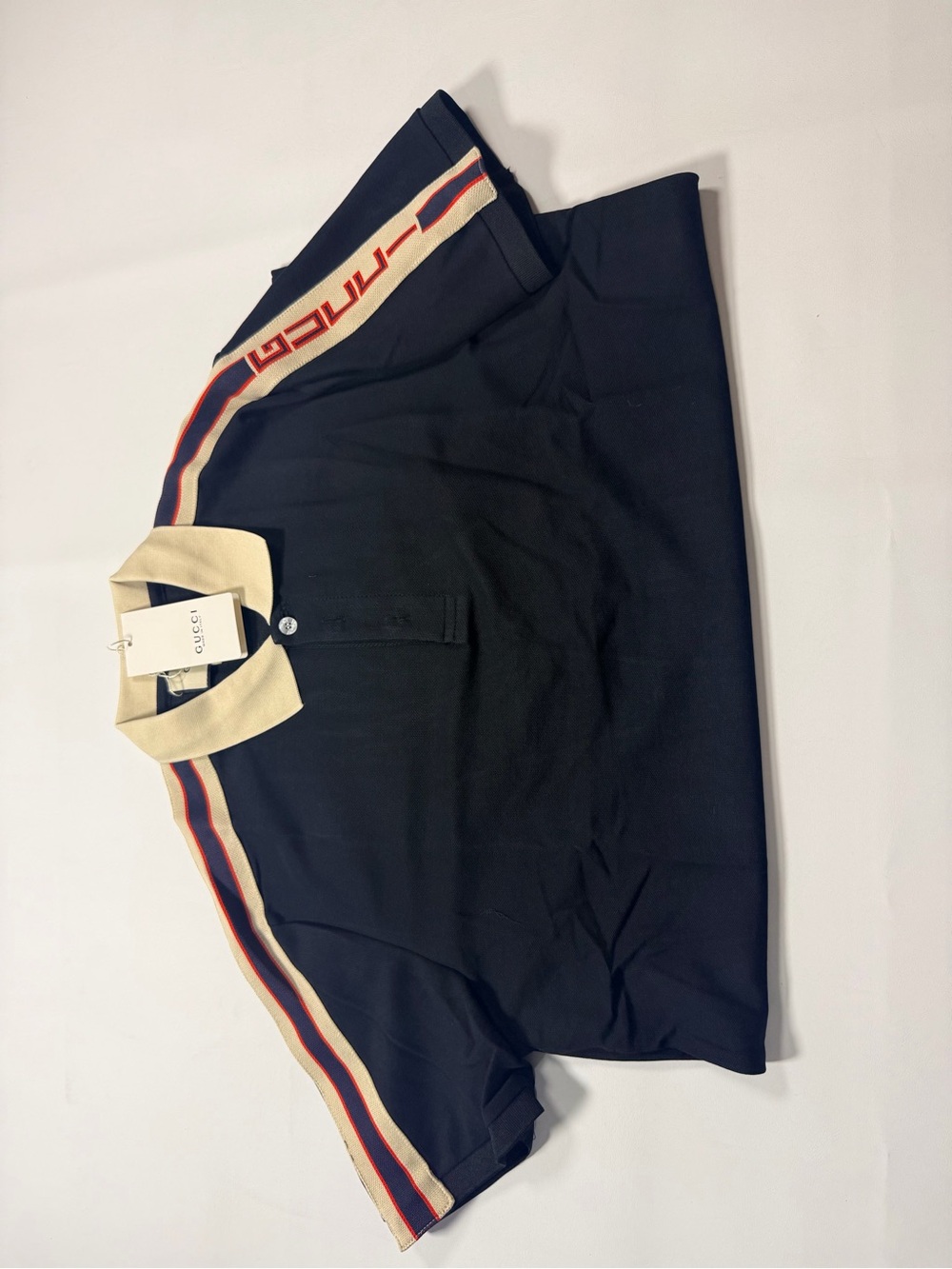 Gucci Black Polo with Red and Beige Stripe Detailing